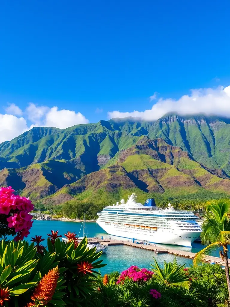 A picturesque scene of the Hawaiian Islands, showcasing lush green landscapes, volcanic peaks, and a cruise ship docked in a tropical harbor. This image highlights the natural beauty of Hawaiian cruises.