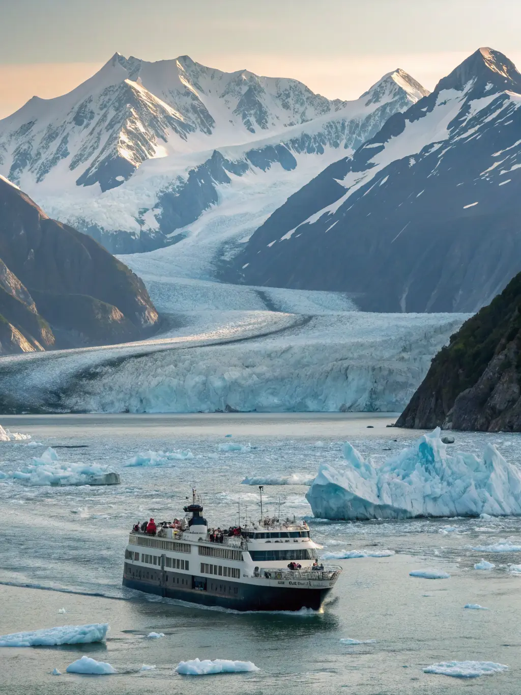 A stunning photograph of the Alaskan coastline, featuring glaciers, snow-capped mountains, and a cruise ship navigating the icy waters.