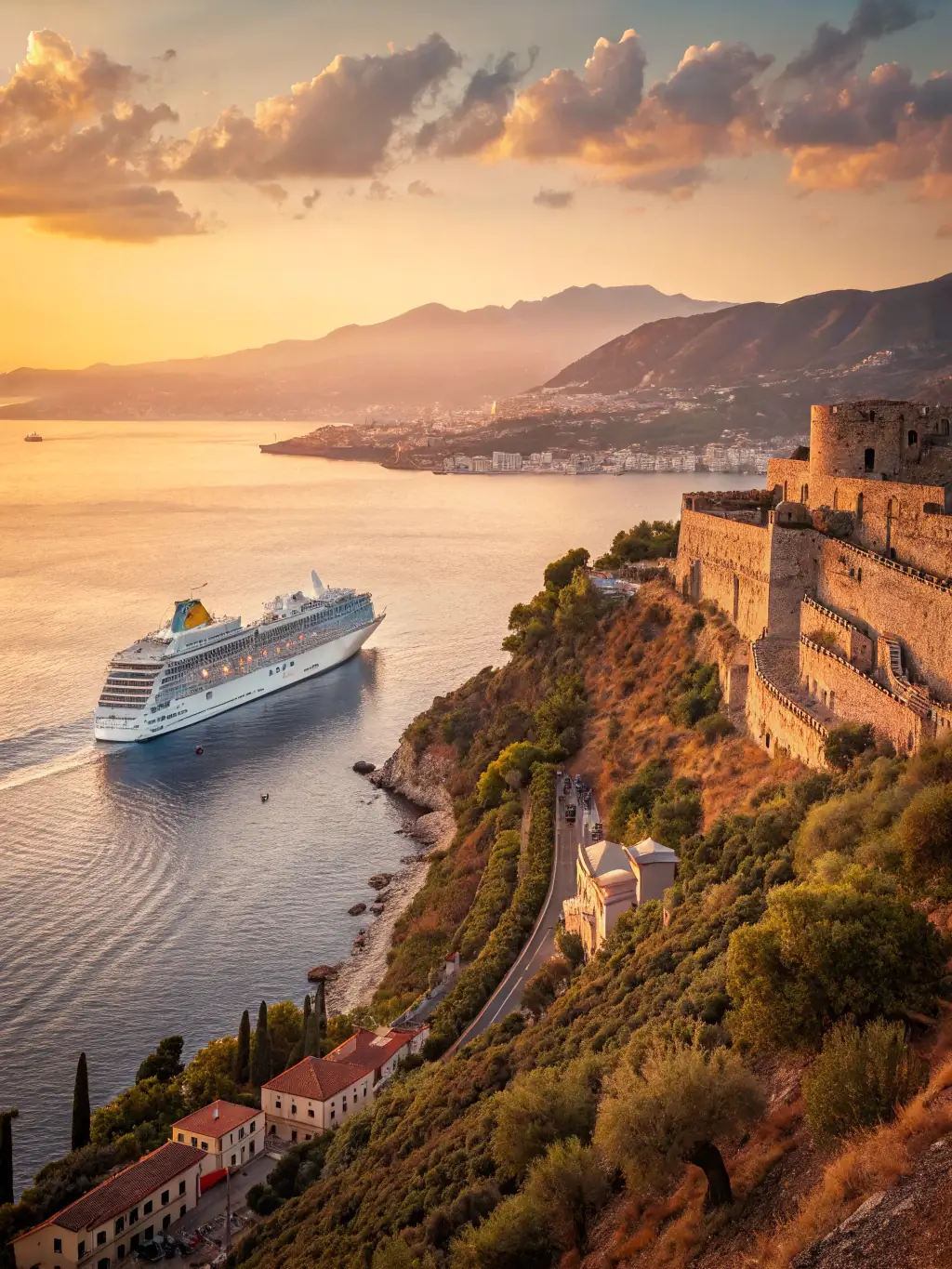 An image showcasing the Mediterranean Sea with a cruise ship docked near ancient ruins and charming coastal towns.