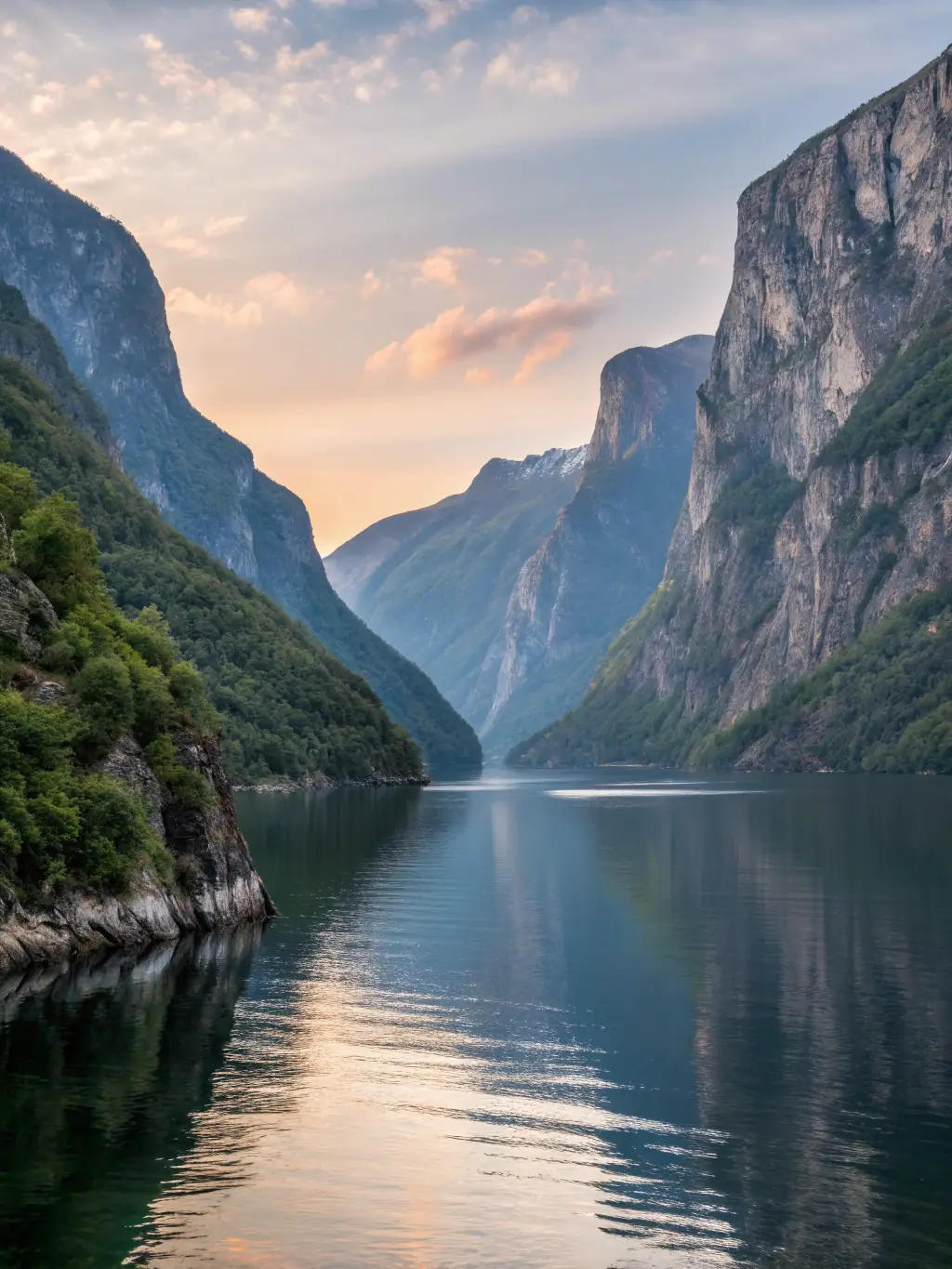 A picturesque scene of a cruise ship sailing through the Norwegian fjords, surrounded by towering cliffs and cascading waterfalls.