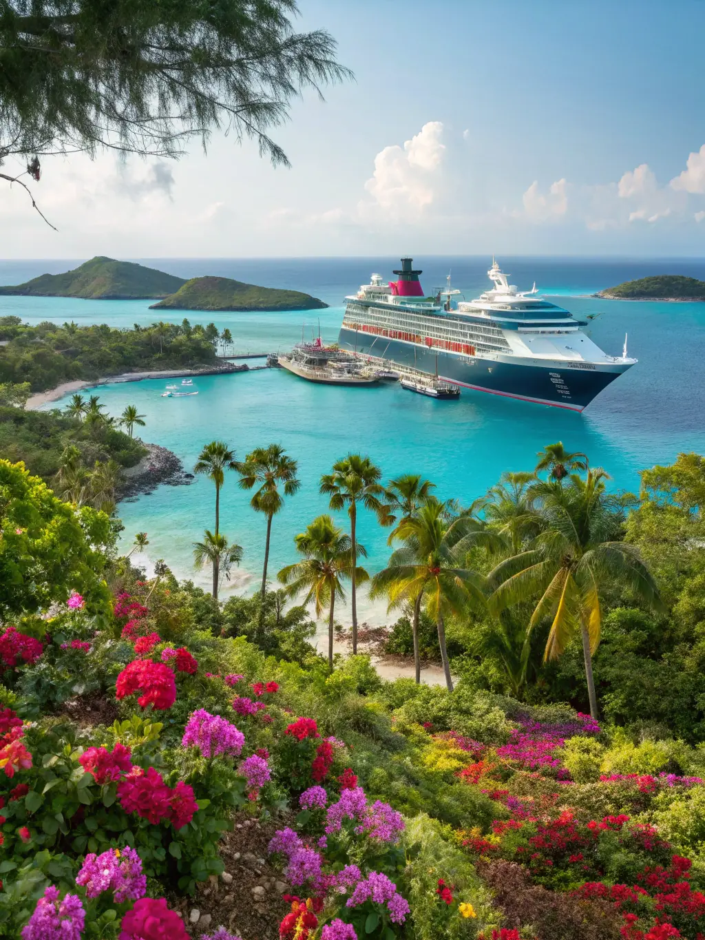 A vibrant image showcasing the crystal-clear turquoise waters and white sandy beaches of a Caribbean island, with a cruise ship visible in the distance, under a sunny sky. This image represents the allure of Caribbean cruises offered by Cruise Dreamz.