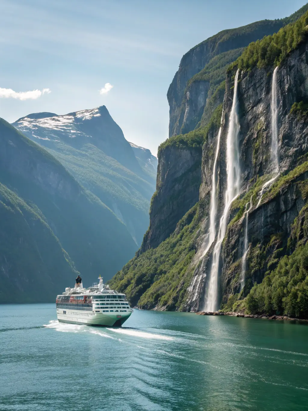A captivating photo of the Norwegian fjords, showcasing towering cliffs, cascading waterfalls, and a cruise ship sailing through the narrow waterways. The image should convey a sense of awe and wonder.