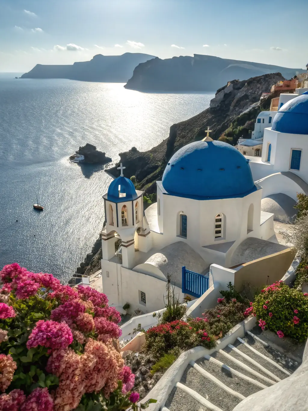 A vibrant photo of a cruise ship docked in Santorini, Greece, showcasing the iconic white buildings and blue domes overlooking the Aegean Sea. The image should capture the essence of a Mediterranean cruise.