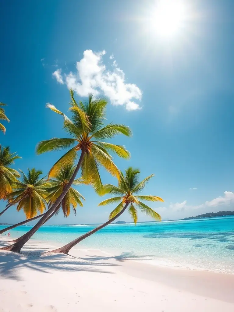 A colorful image of a Caribbean beach with crystal-clear turquoise water, palm trees, and a cruise ship in the distance. The scene should depict a relaxing and tropical atmosphere.